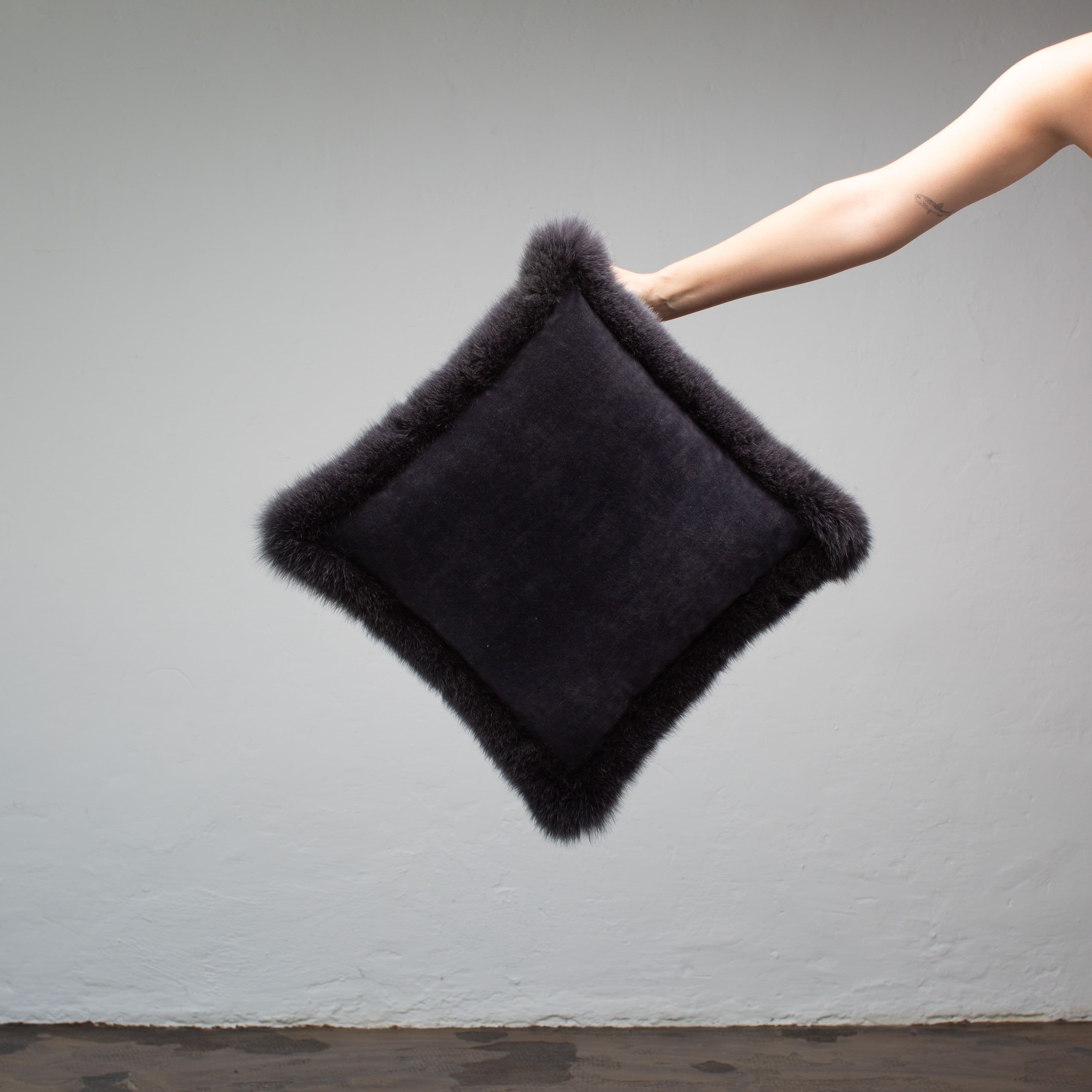 Dark Grey Velvet & Fox Fur Cushion
